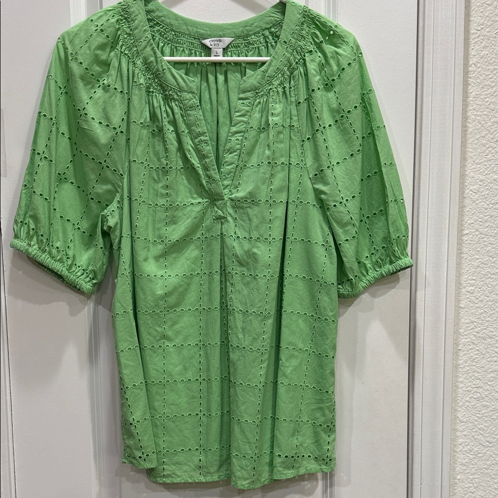 Crown & Ivy Light Green Eyelet Blouse